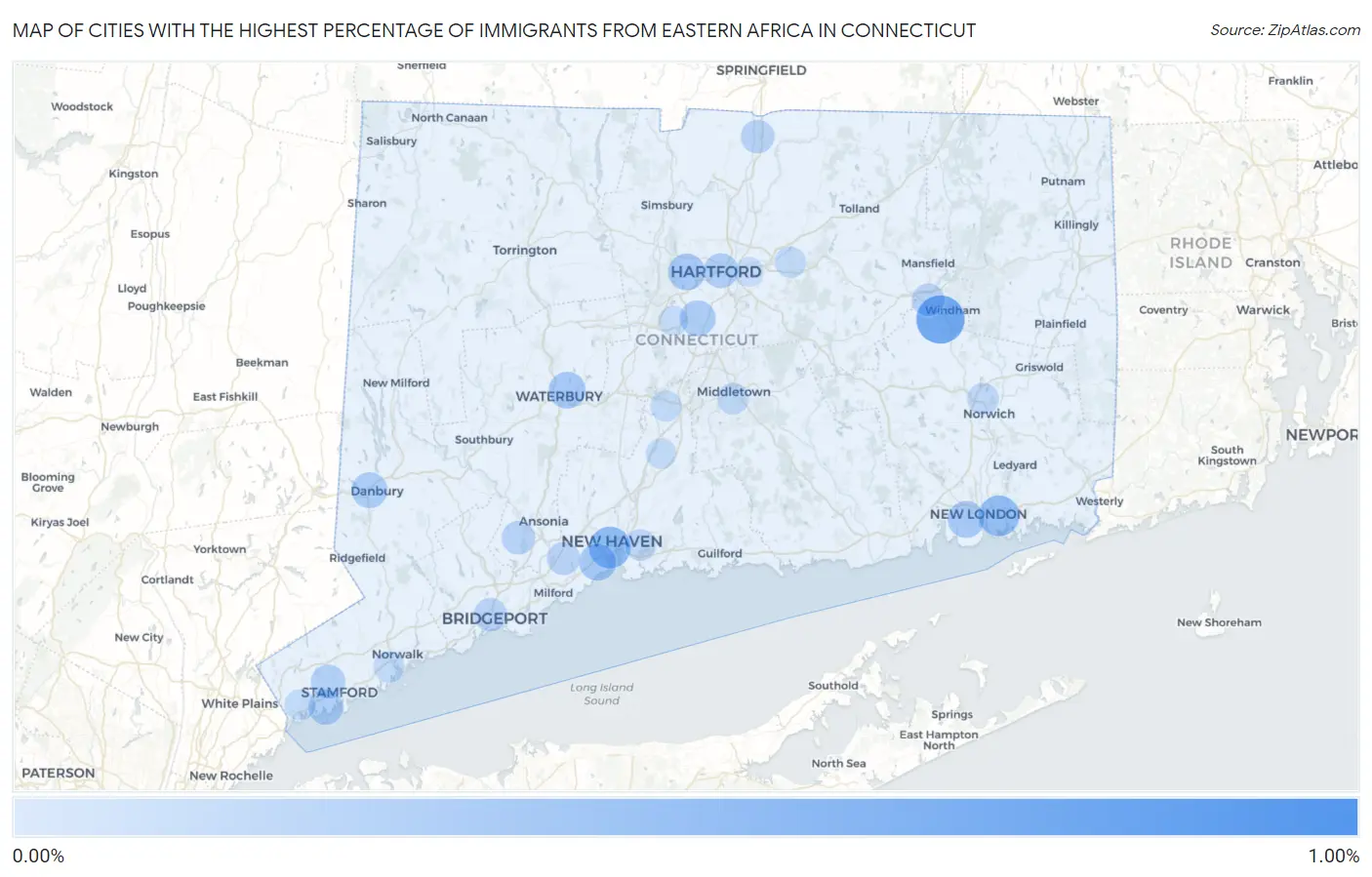 Cities with the Highest Percentage of Immigrants from Eastern Africa in Connecticut Map