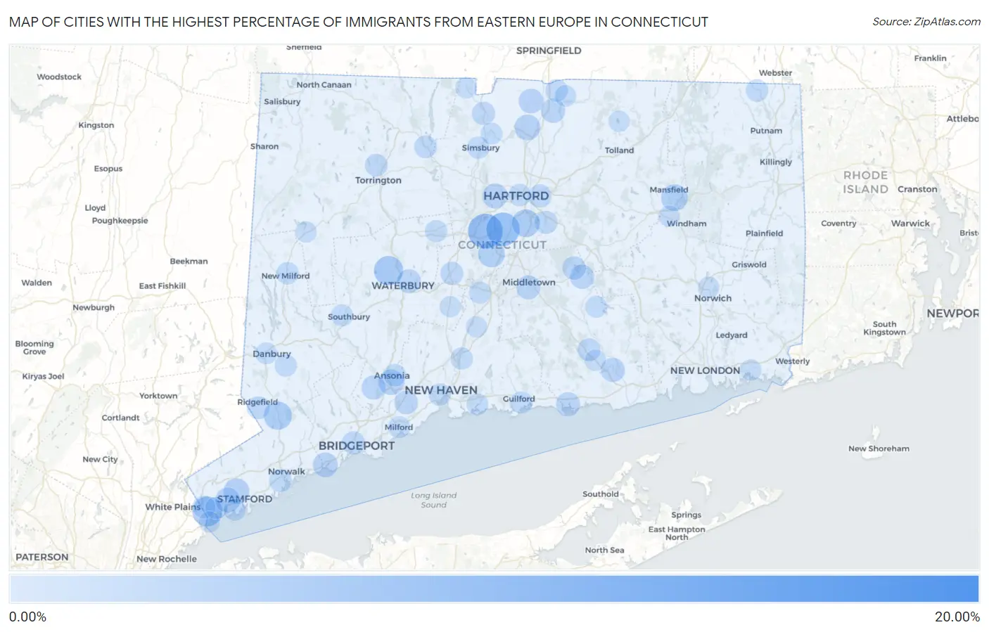 Cities with the Highest Percentage of Immigrants from Eastern Europe in Connecticut Map