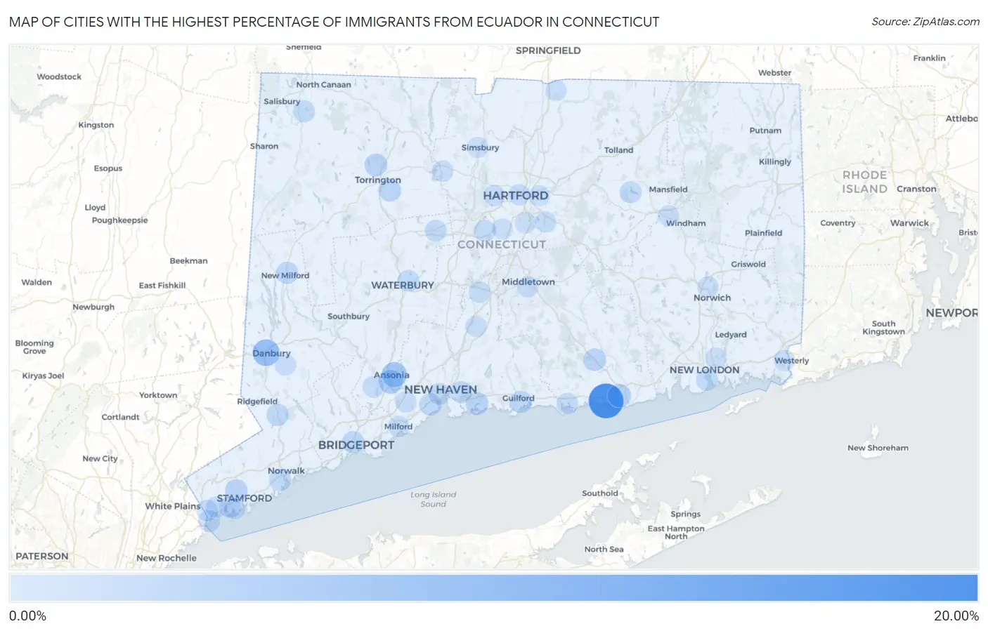 Cities with the Highest Percentage of Immigrants from Ecuador in Connecticut Map