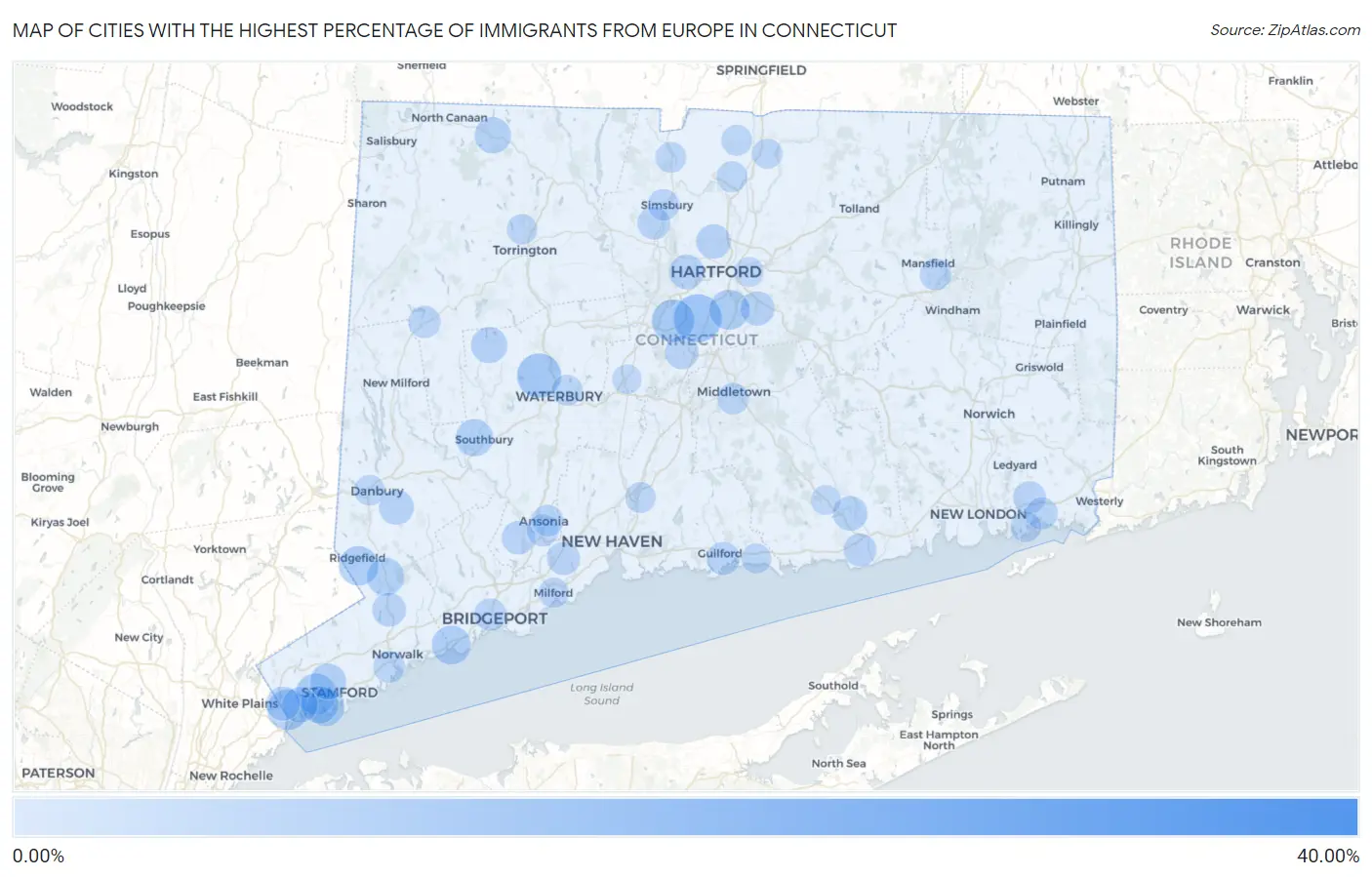 Cities with the Highest Percentage of Immigrants from Europe in Connecticut Map