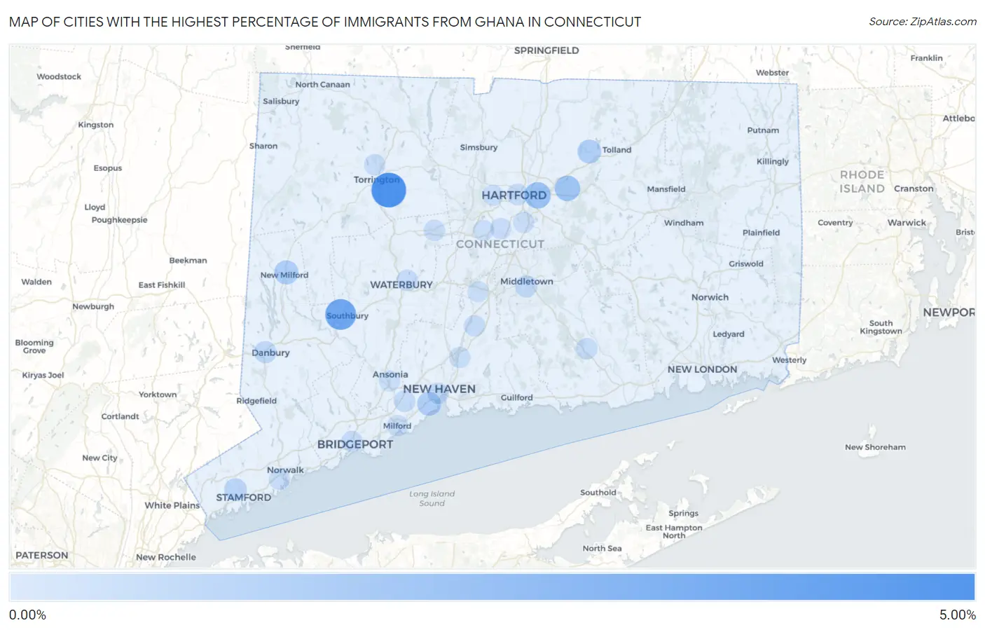 Cities with the Highest Percentage of Immigrants from Ghana in Connecticut Map