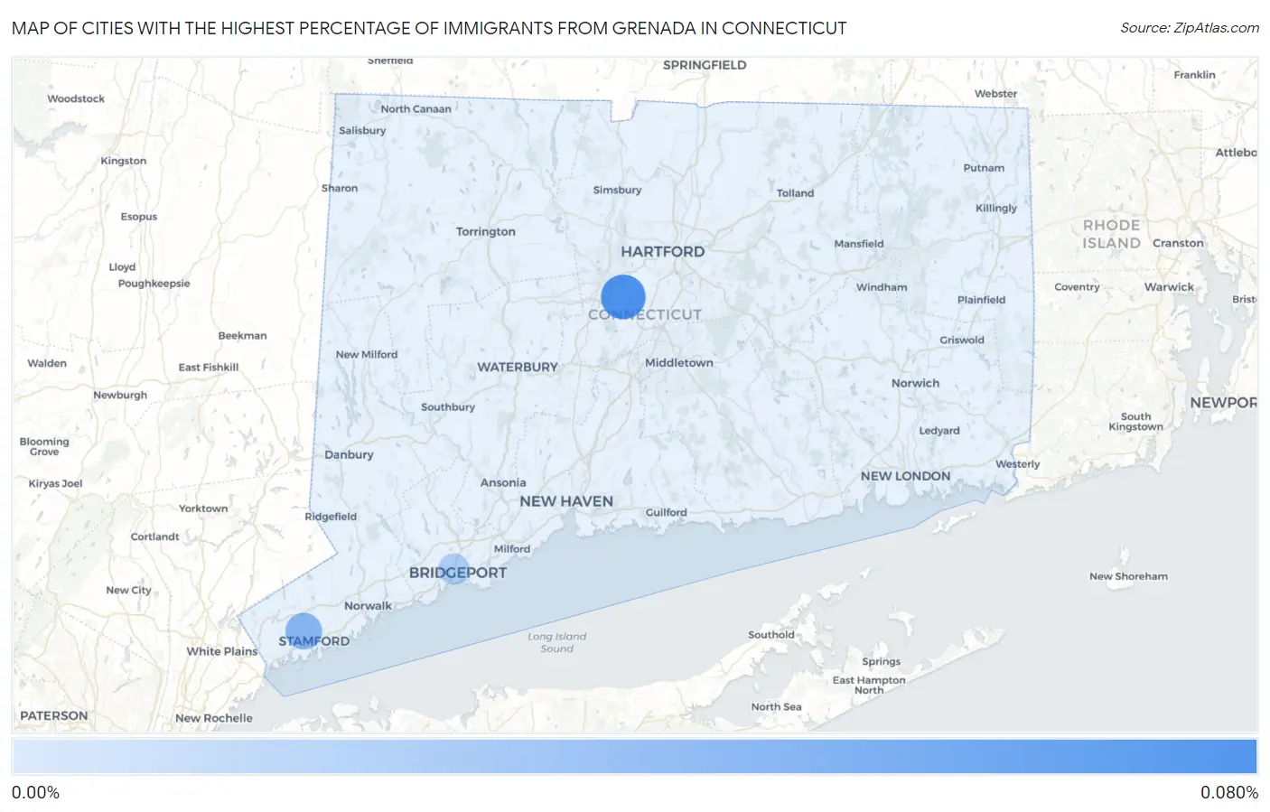 Cities with the Highest Percentage of Immigrants from Grenada in Connecticut Map