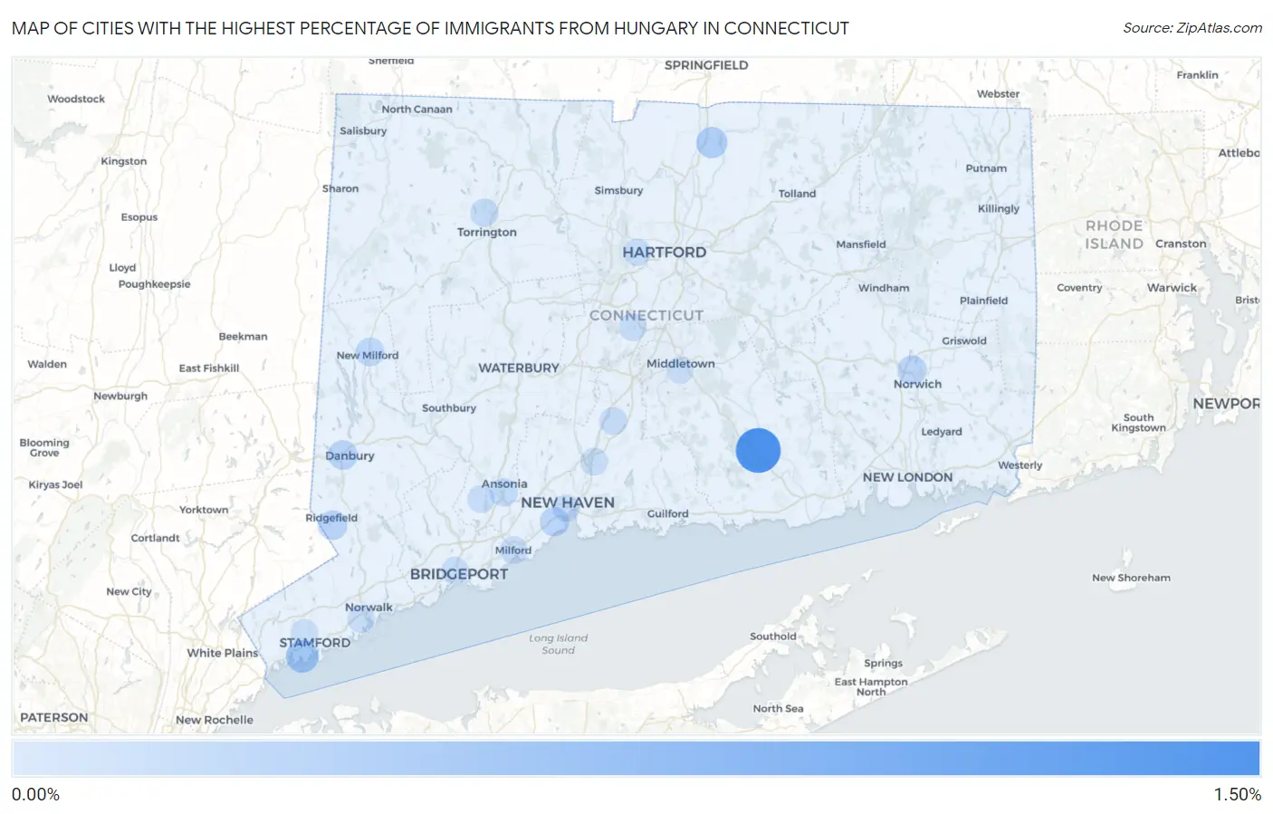 Cities with the Highest Percentage of Immigrants from Hungary in Connecticut Map