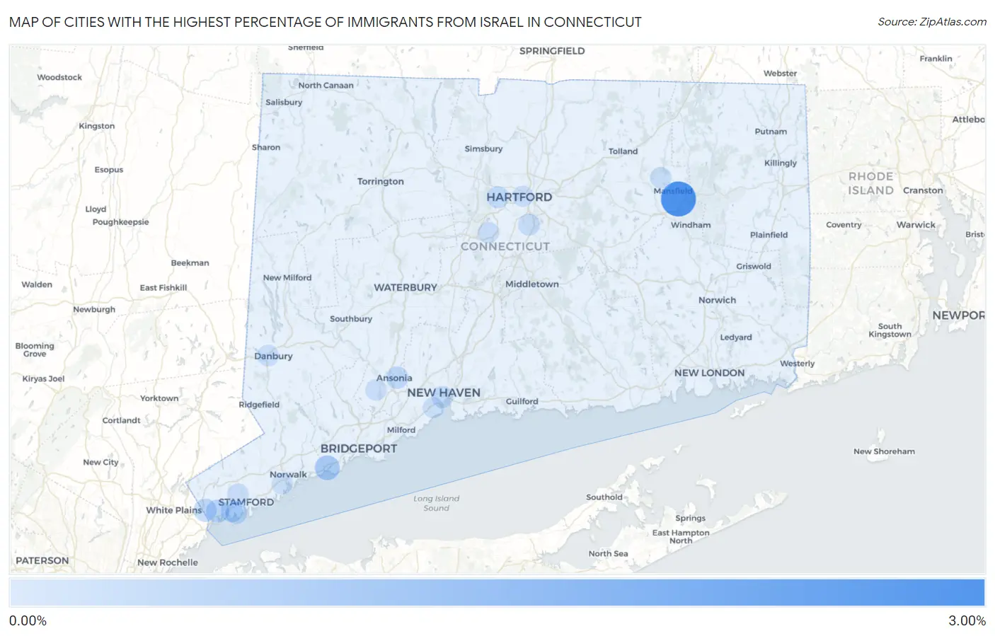 Cities with the Highest Percentage of Immigrants from Israel in Connecticut Map