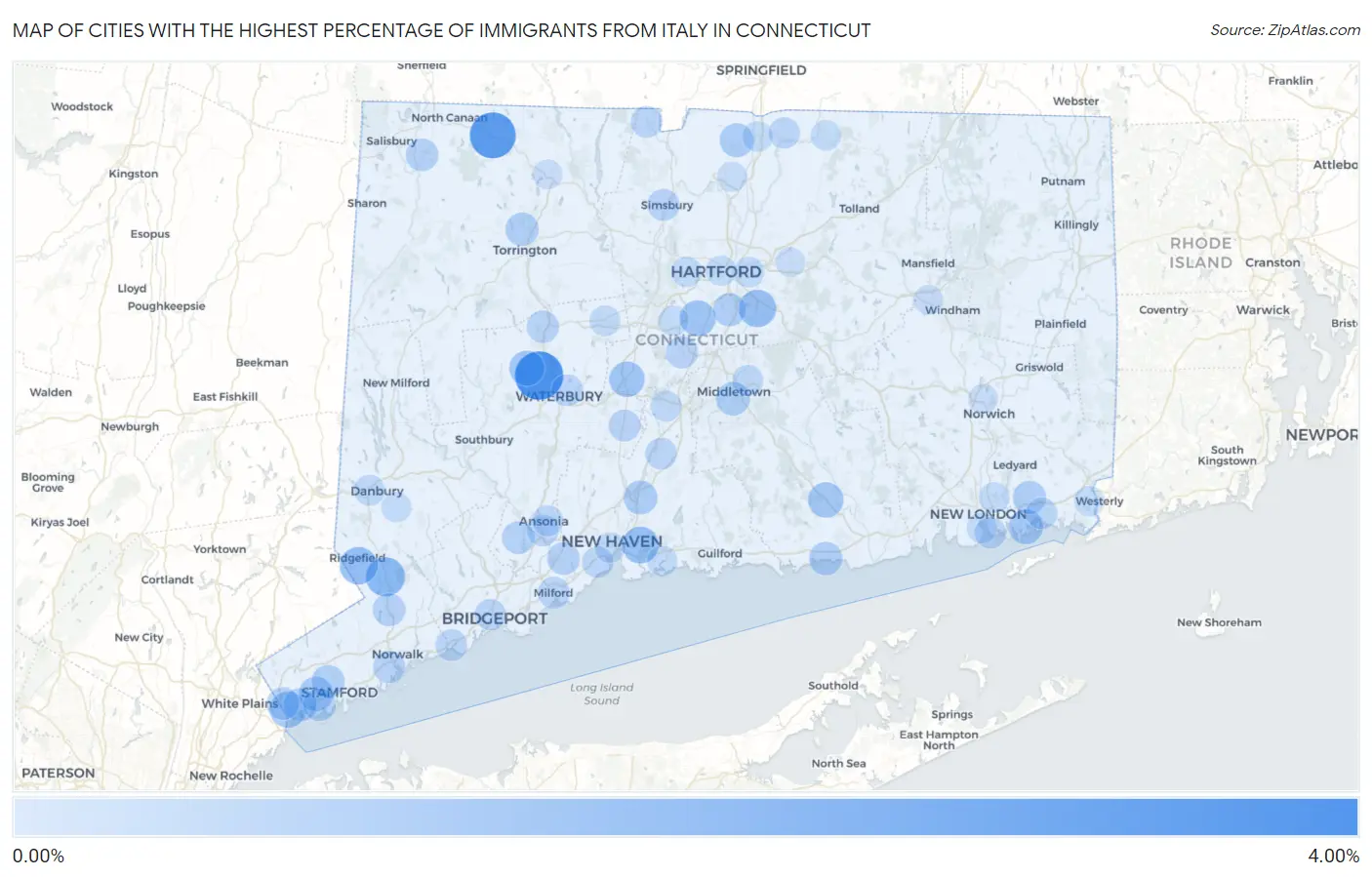 Cities with the Highest Percentage of Immigrants from Italy in Connecticut Map