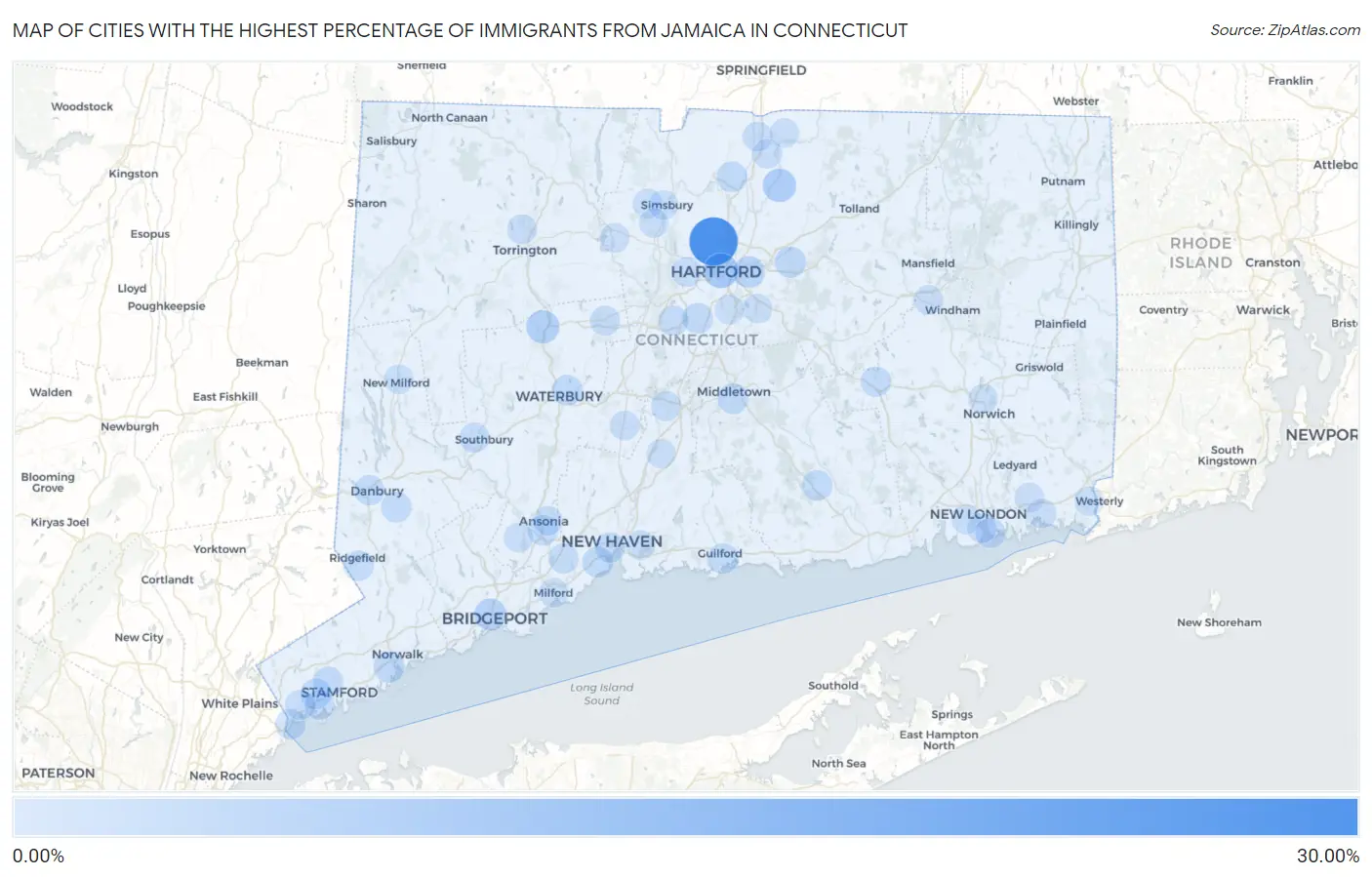 Cities with the Highest Percentage of Immigrants from Jamaica in Connecticut Map