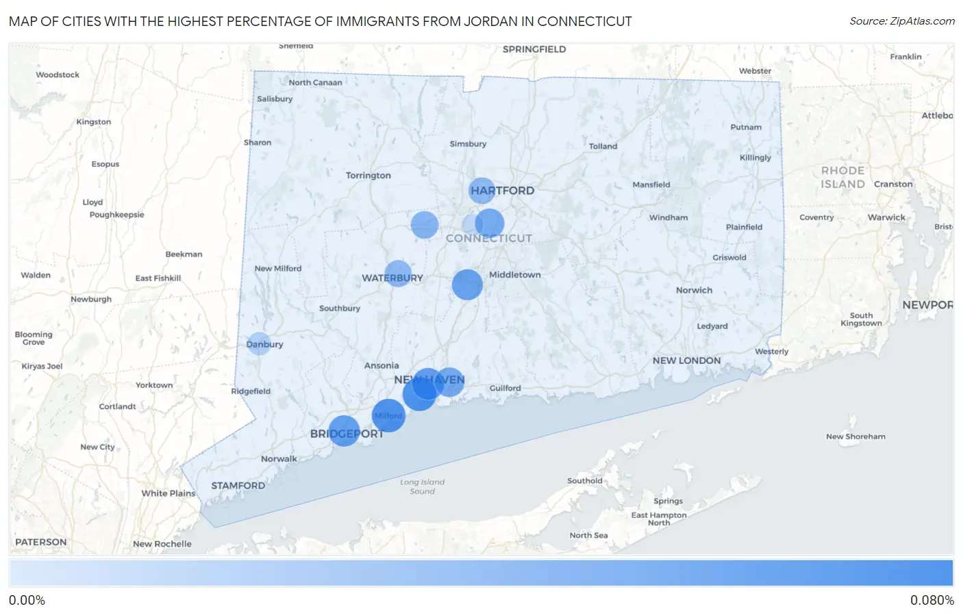 Cities with the Highest Percentage of Immigrants from Jordan in Connecticut Map