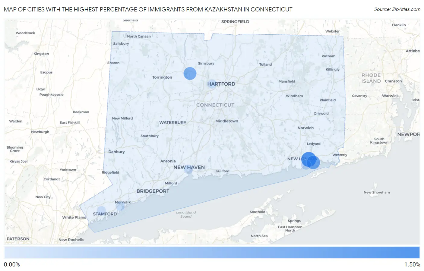 Cities with the Highest Percentage of Immigrants from Kazakhstan in Connecticut Map