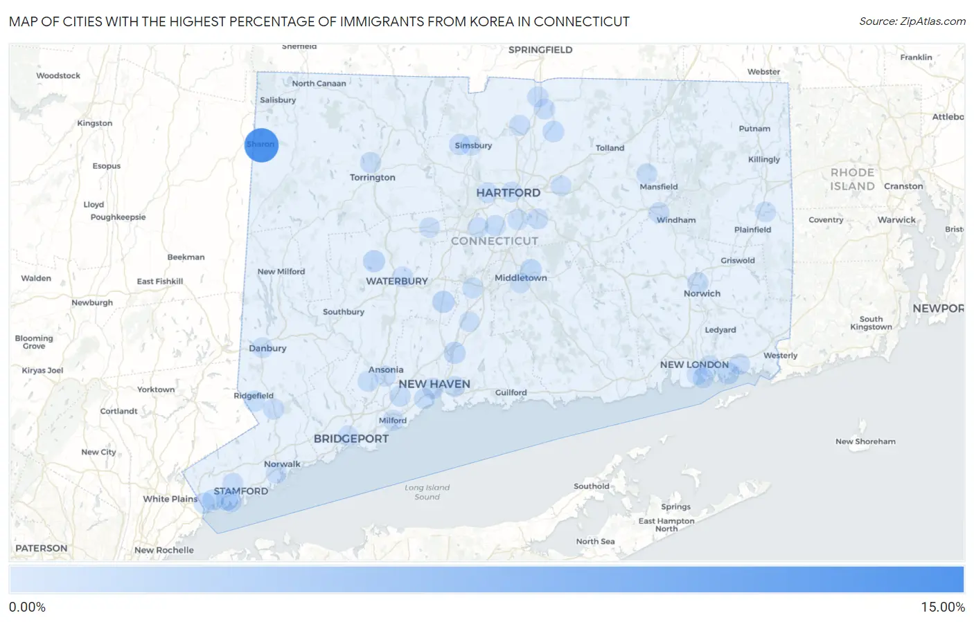 Cities with the Highest Percentage of Immigrants from Korea in Connecticut Map