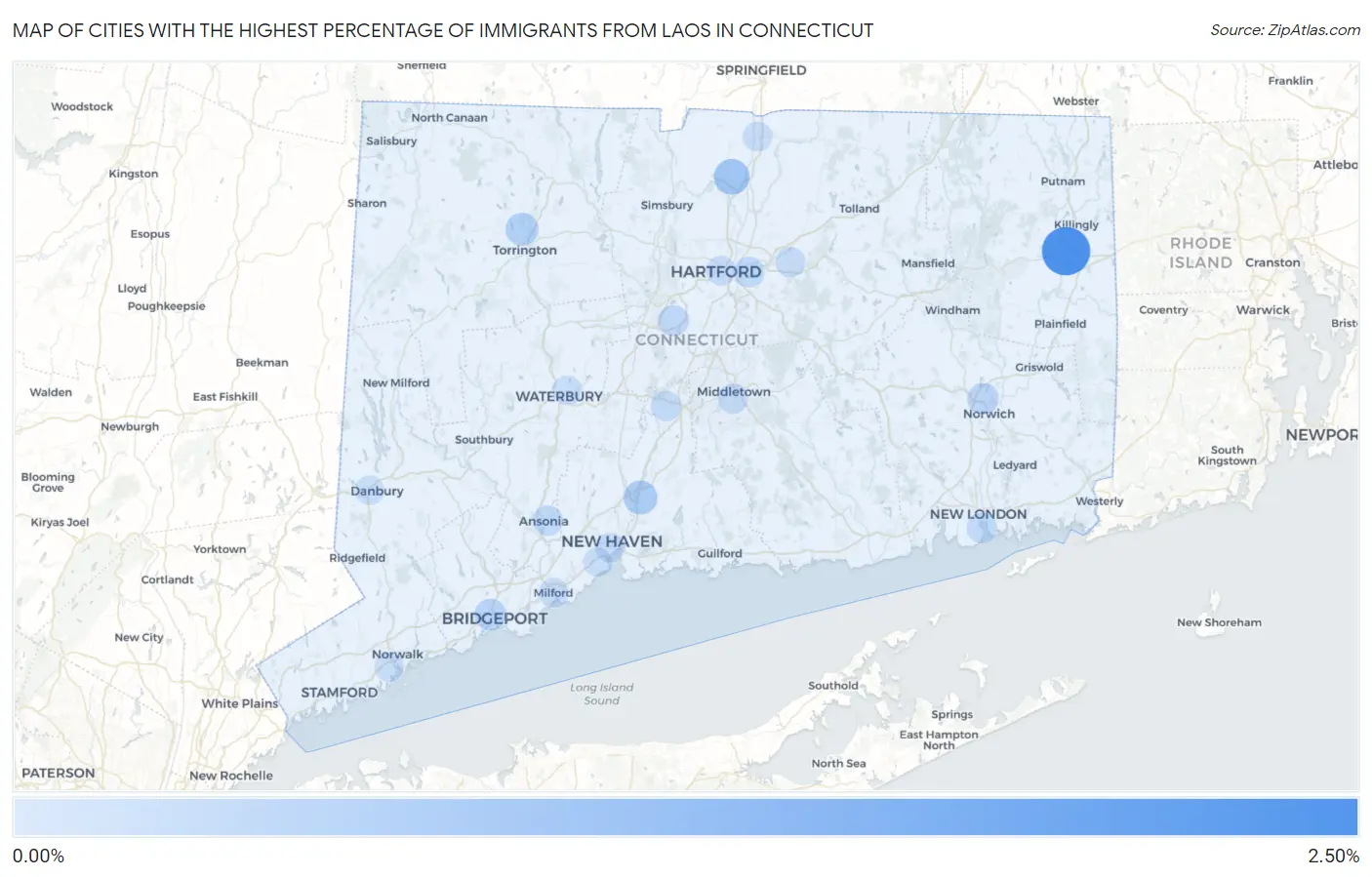Cities with the Highest Percentage of Immigrants from Laos in Connecticut Map