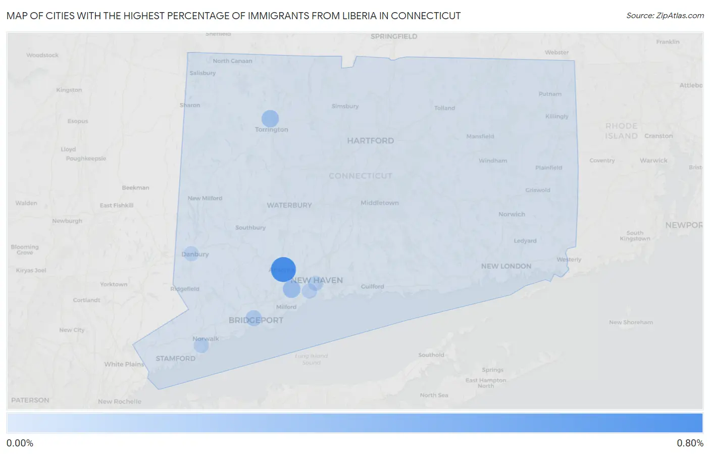 Cities with the Highest Percentage of Immigrants from Liberia in Connecticut Map