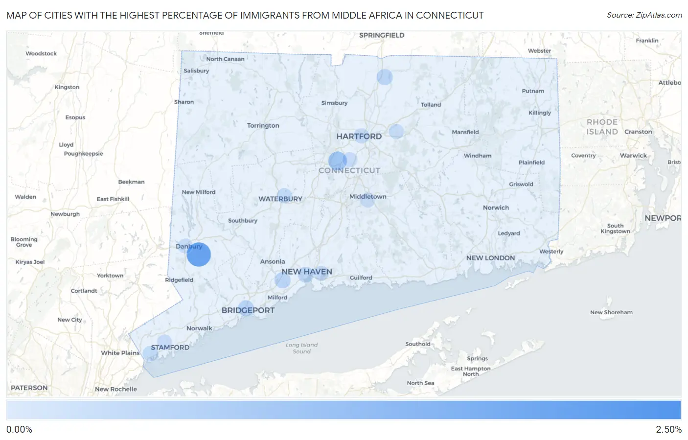 Cities with the Highest Percentage of Immigrants from Middle Africa in Connecticut Map