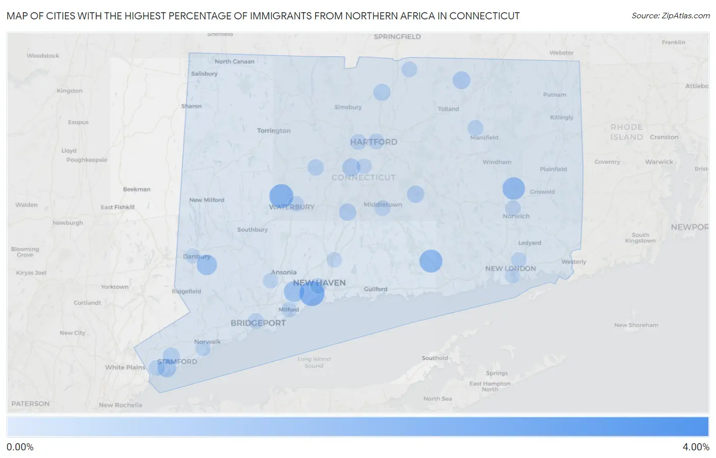 Cities with the Highest Percentage of Immigrants from Northern Africa in Connecticut Map