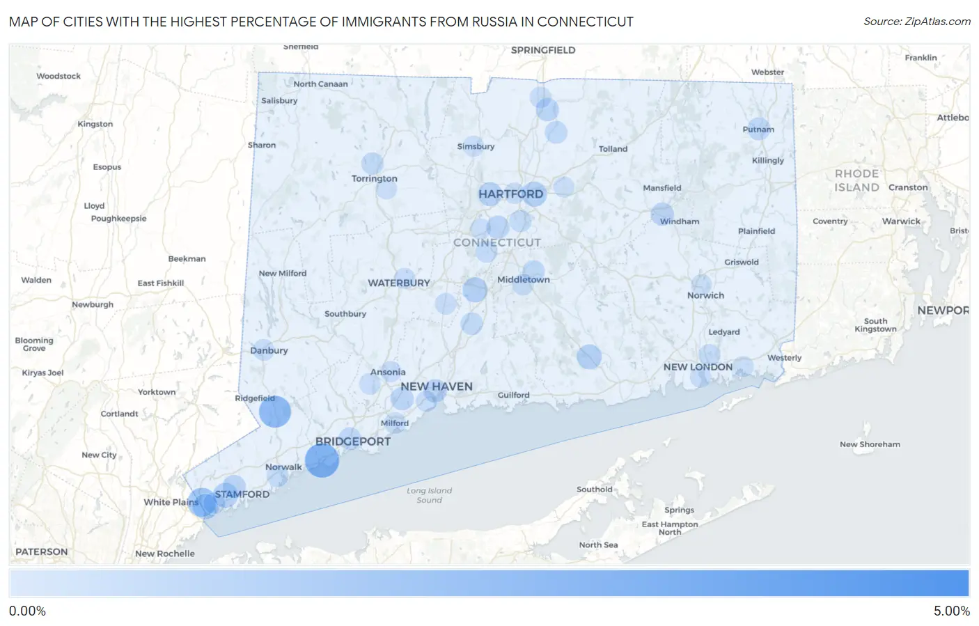 Cities with the Highest Percentage of Immigrants from Russia in Connecticut Map