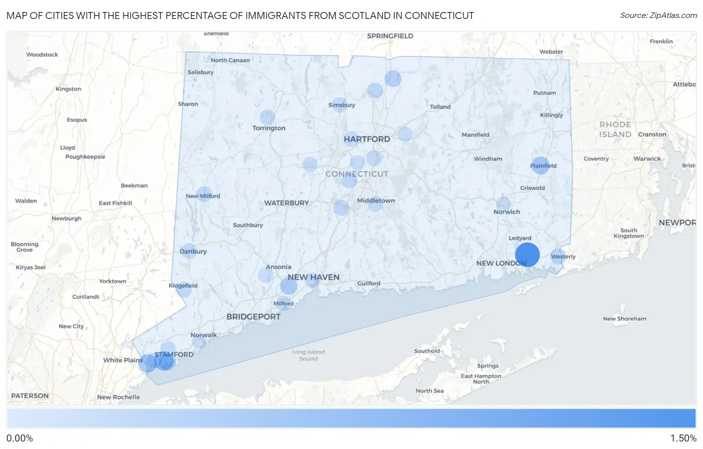 Cities with the Highest Percentage of Immigrants from Scotland in Connecticut Map