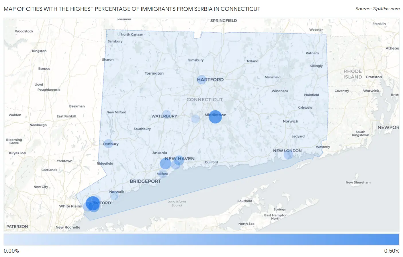 Cities with the Highest Percentage of Immigrants from Serbia in Connecticut Map