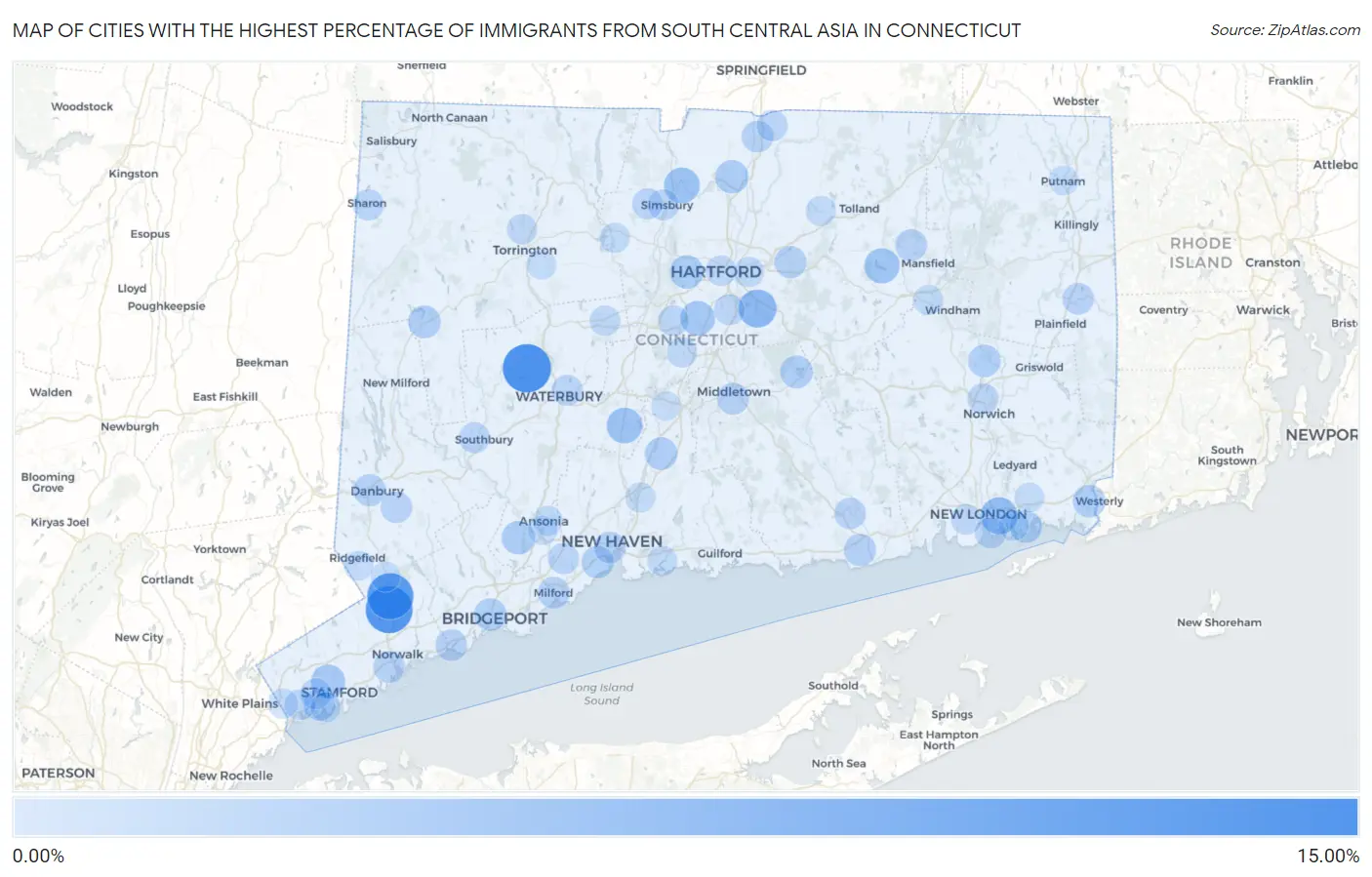Cities with the Highest Percentage of Immigrants from South Central Asia in Connecticut Map