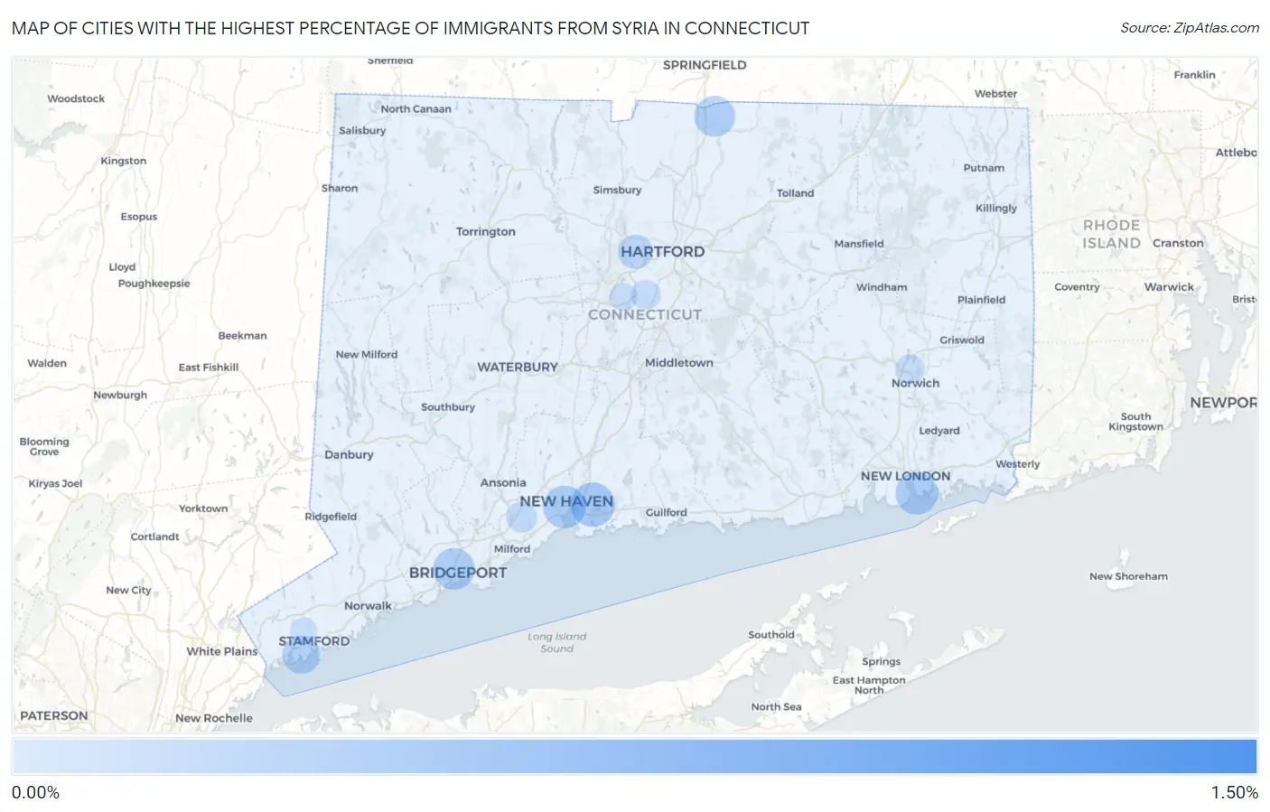 Cities with the Highest Percentage of Immigrants from Syria in Connecticut Map