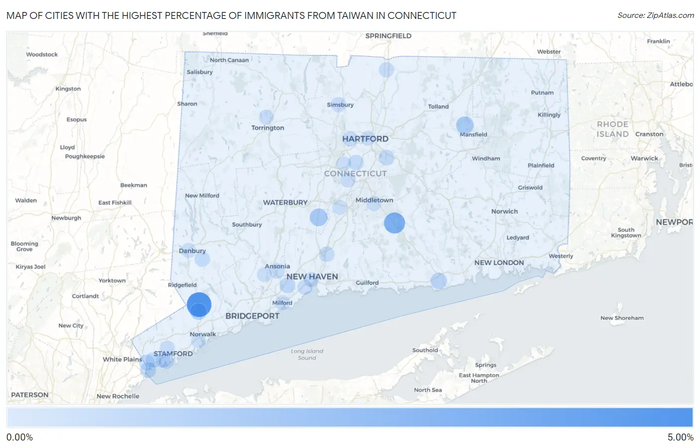 Cities with the Highest Percentage of Immigrants from Taiwan in Connecticut Map