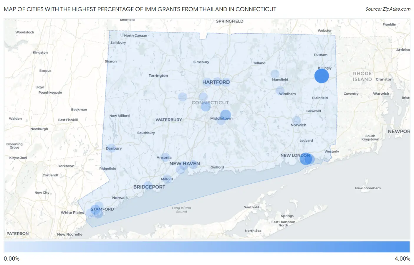Cities with the Highest Percentage of Immigrants from Thailand in Connecticut Map
