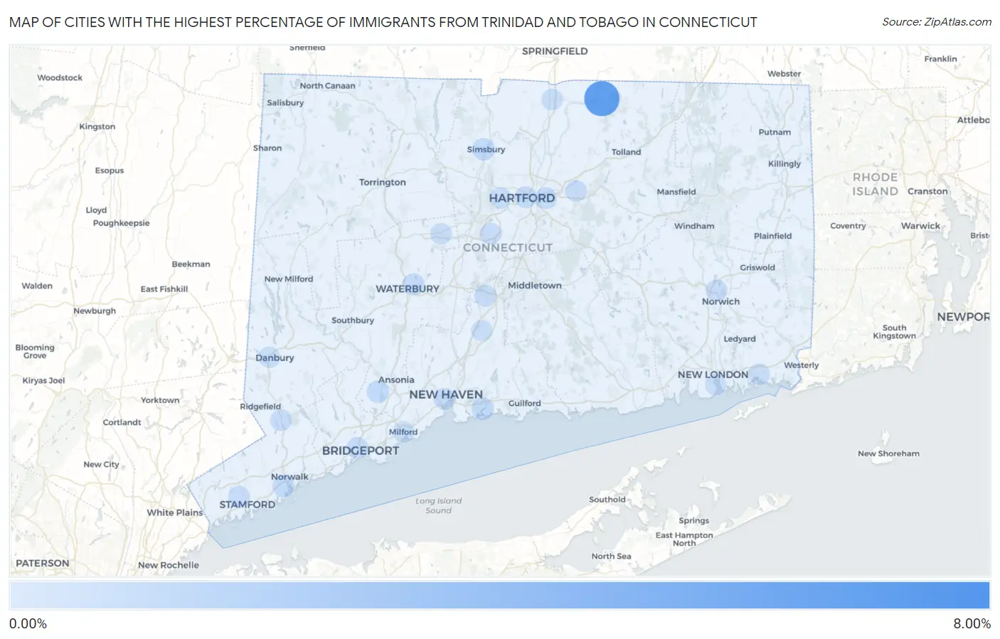 Cities with the Highest Percentage of Immigrants from Trinidad and Tobago in Connecticut Map