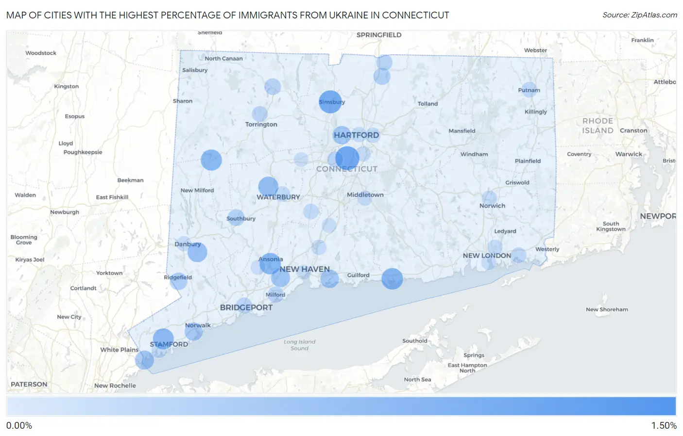 Cities with the Highest Percentage of Immigrants from Ukraine in Connecticut Map