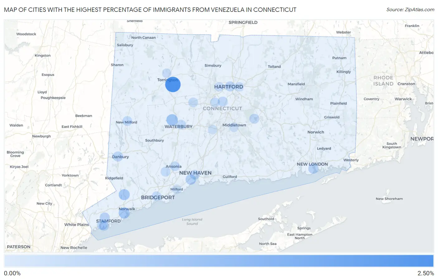 Cities with the Highest Percentage of Immigrants from Venezuela in Connecticut Map