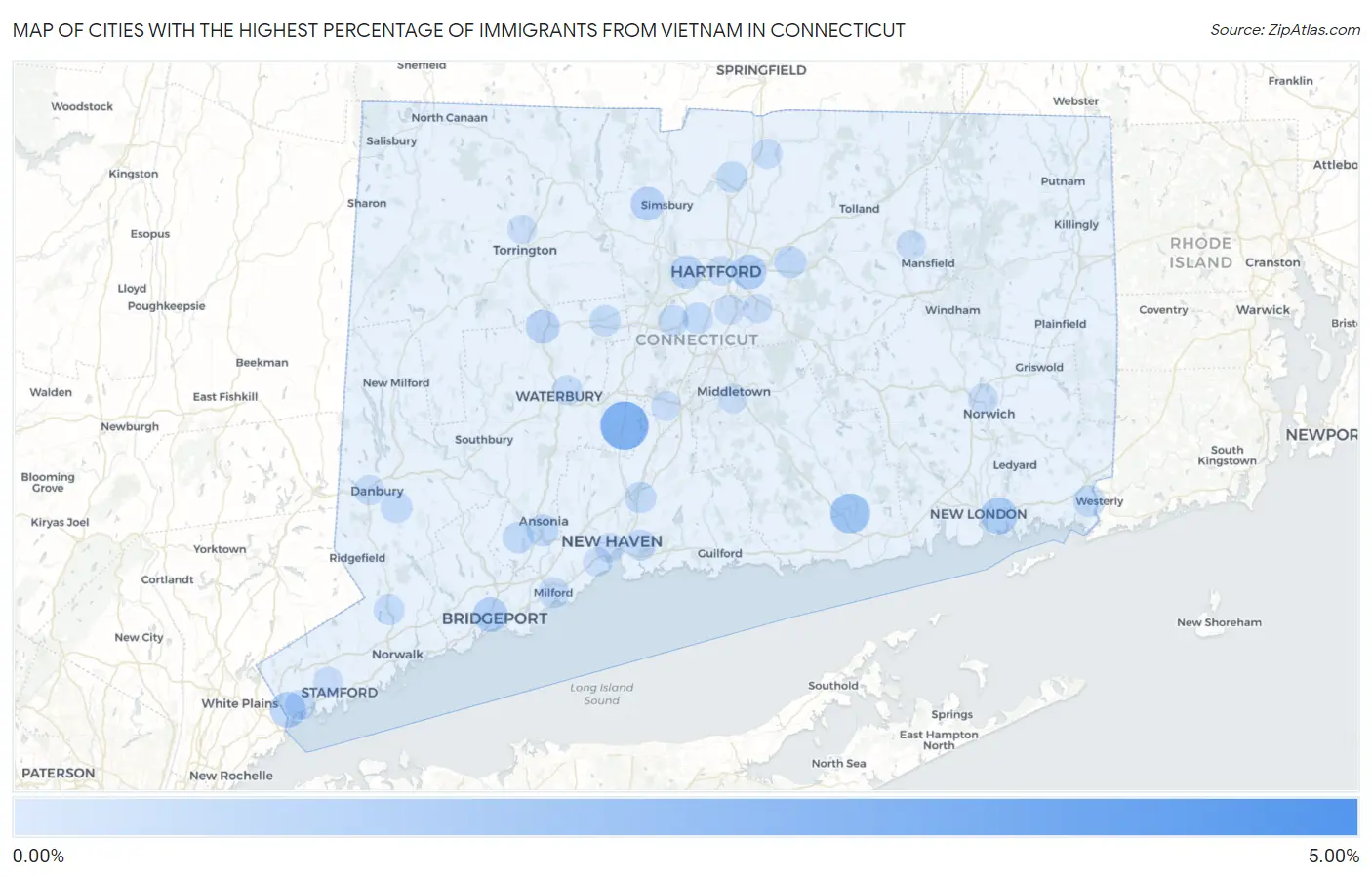 Cities with the Highest Percentage of Immigrants from Vietnam in Connecticut Map