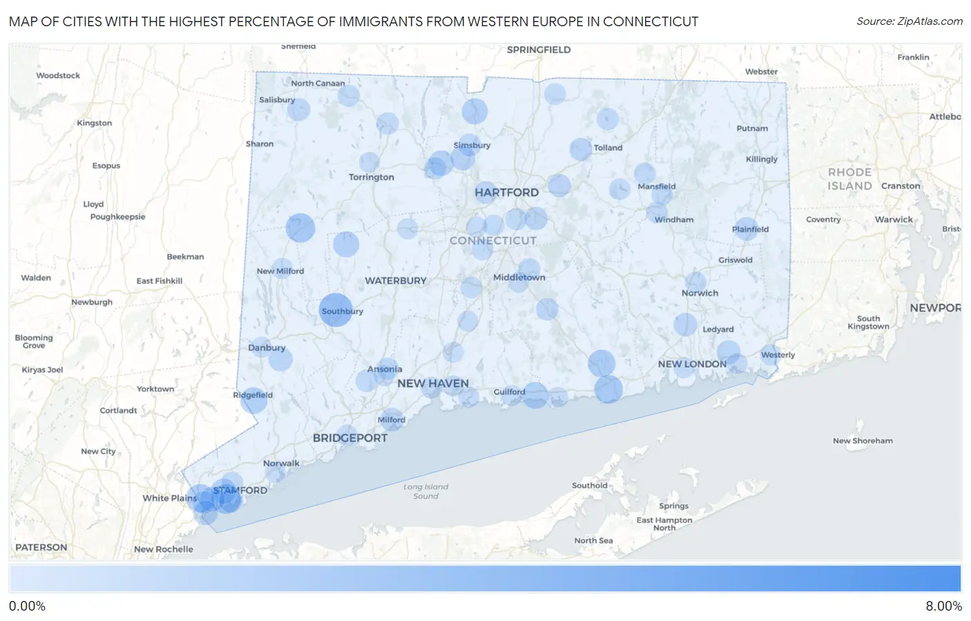 Cities with the Highest Percentage of Immigrants from Western Europe in Connecticut Map