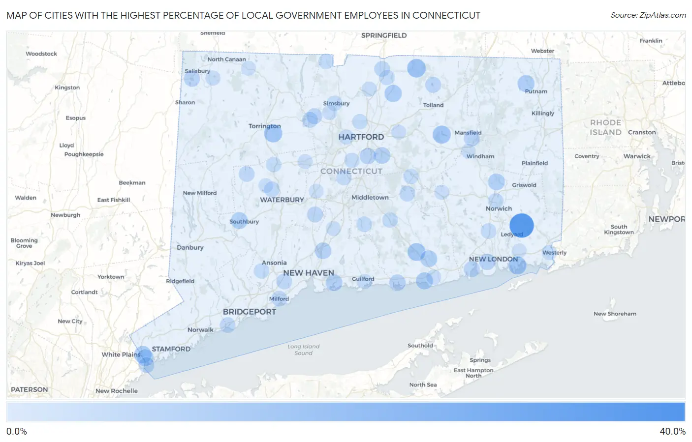 Cities with the Highest Percentage of Local Government Employees in Connecticut Map