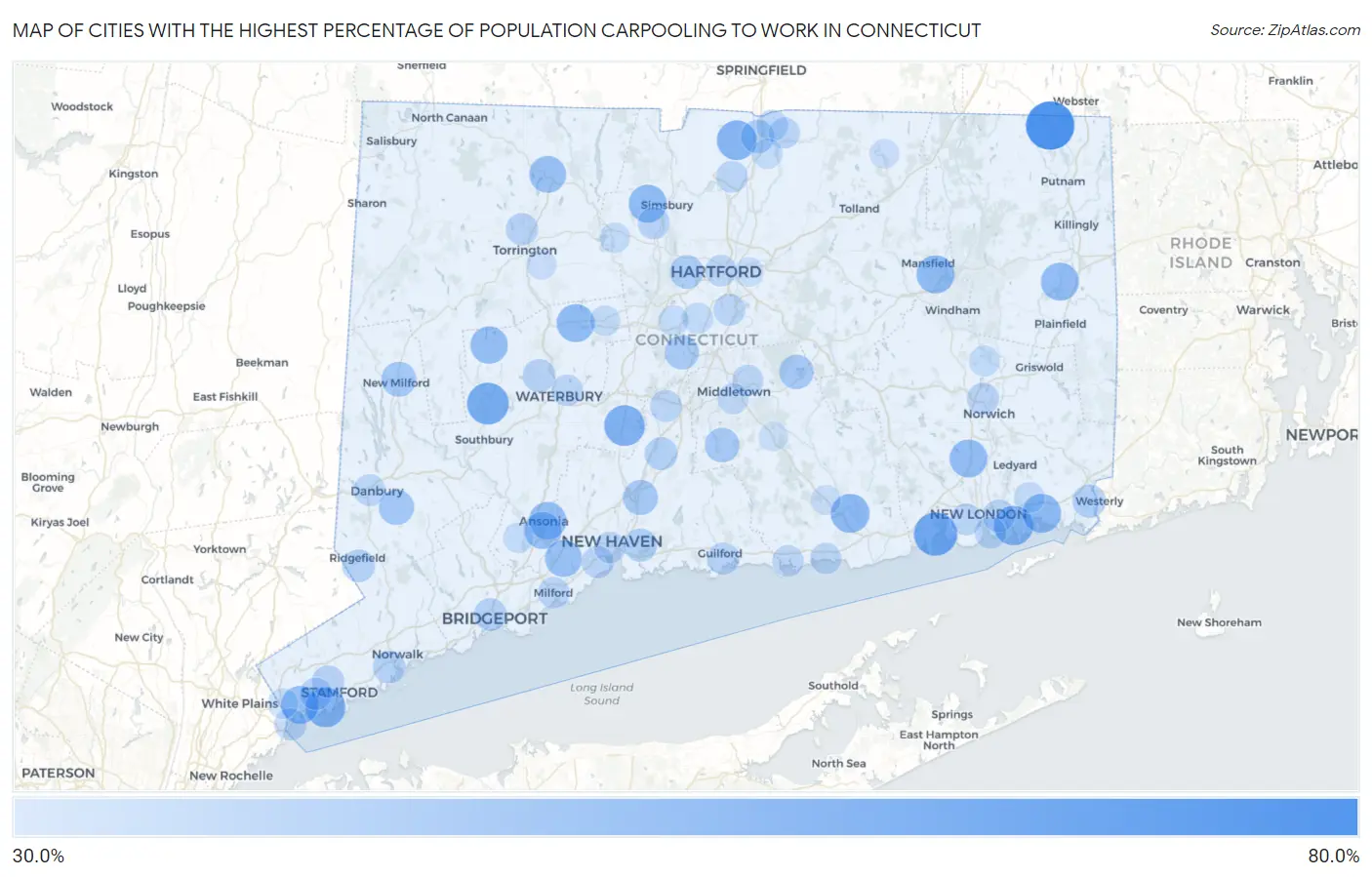 Cities with the Highest Percentage of Population Carpooling to Work in Connecticut Map