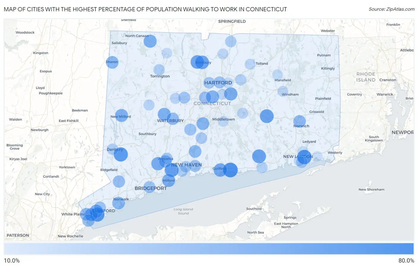 Cities with the Highest Percentage of Population Walking to Work in Connecticut Map