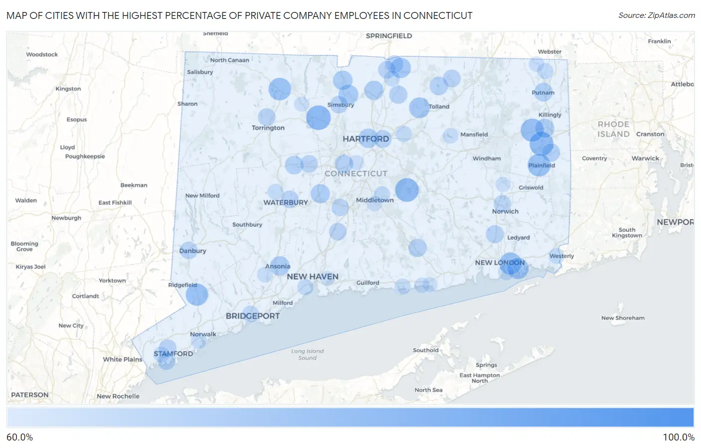 Cities with the Highest Percentage of Private Company Employees in Connecticut Map
