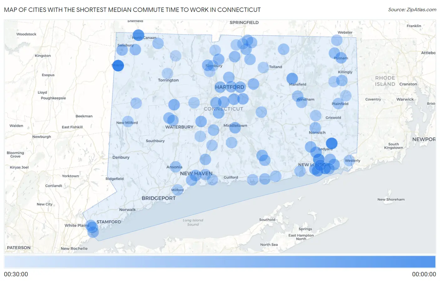 Cities with the Shortest Median Commute Time to Work in Connecticut Map