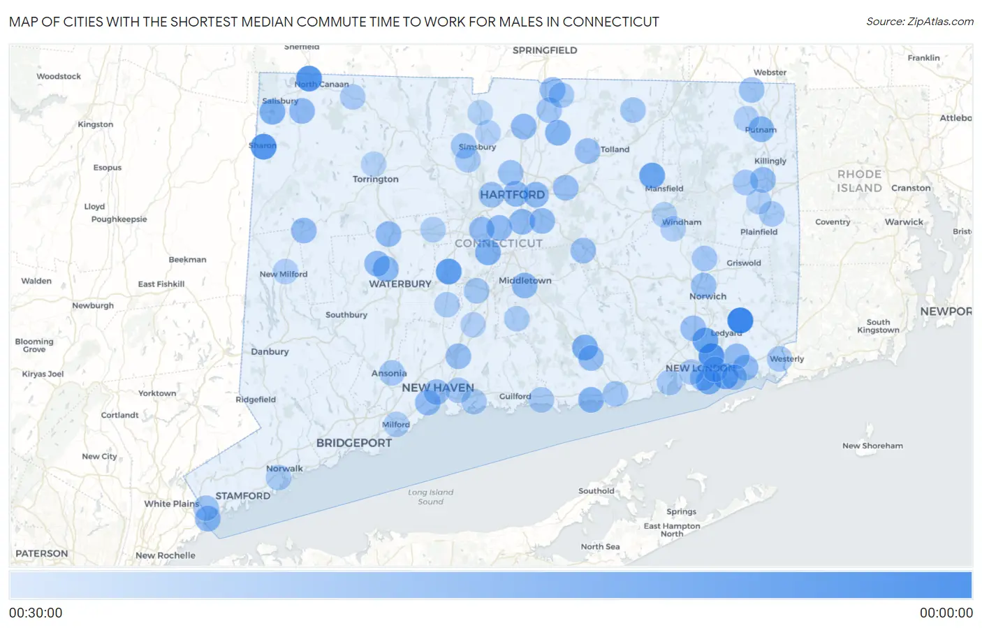 Cities with the Shortest Median Commute Time to Work for Males in Connecticut Map