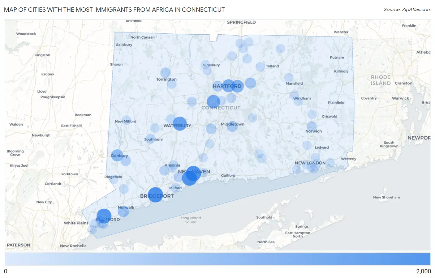 Cities with the Most Immigrants from Africa in Connecticut Map