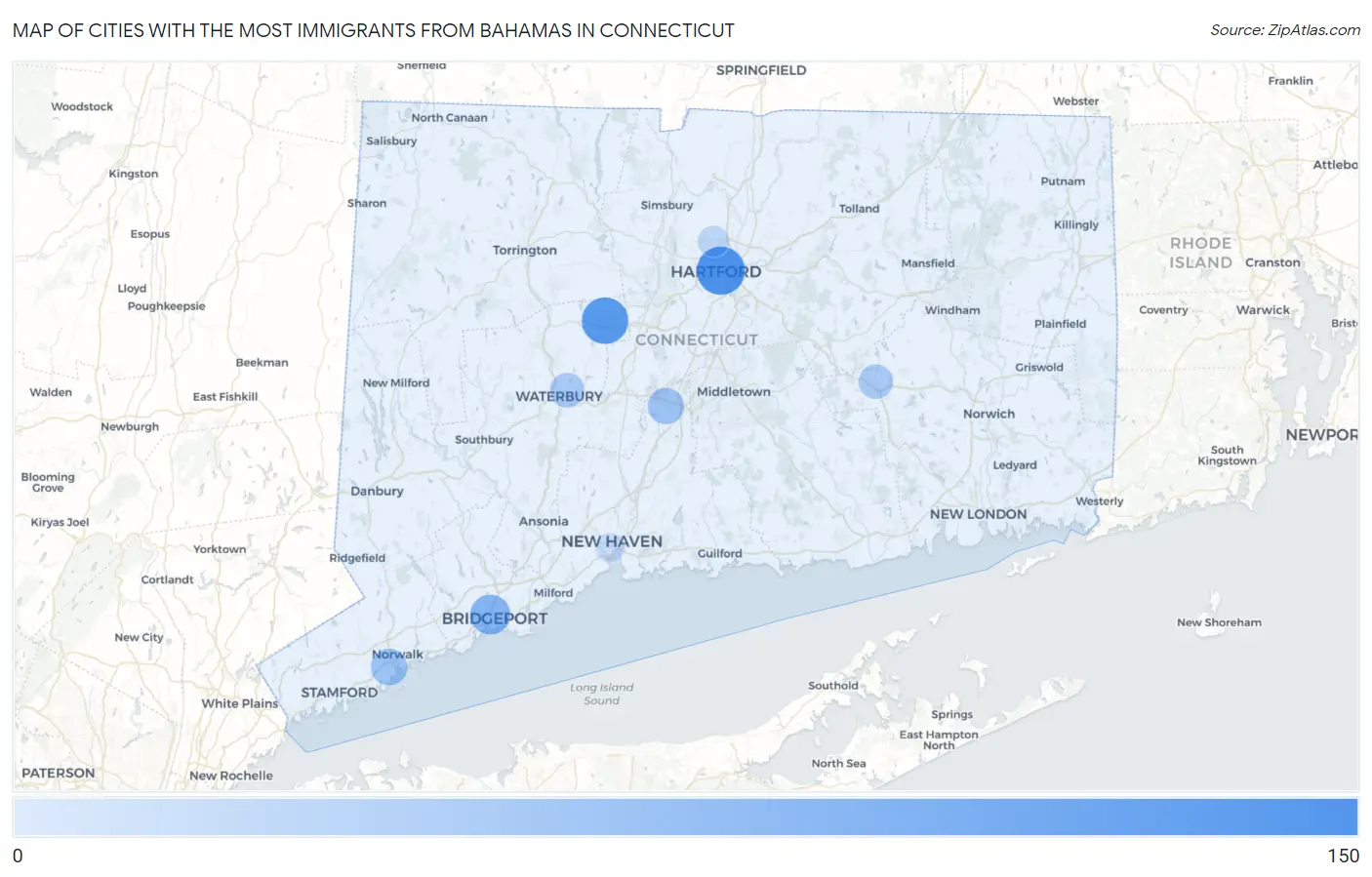 Cities with the Most Immigrants from Bahamas in Connecticut Map
