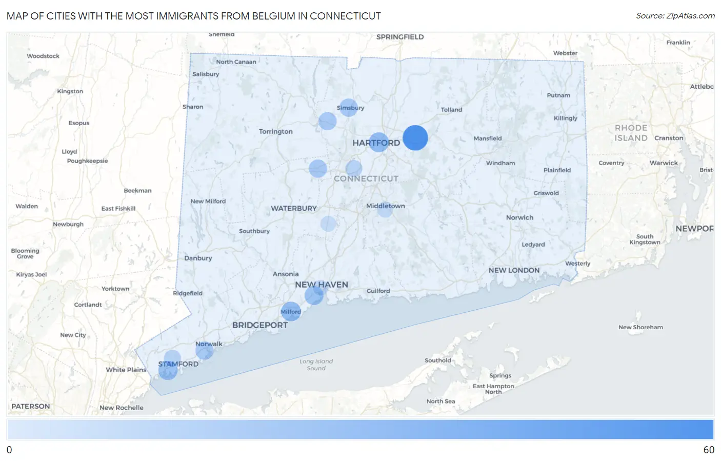 Cities with the Most Immigrants from Belgium in Connecticut Map