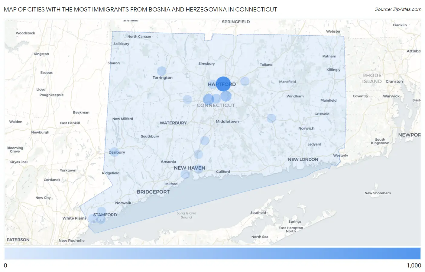 Cities with the Most Immigrants from Bosnia and Herzegovina in Connecticut Map