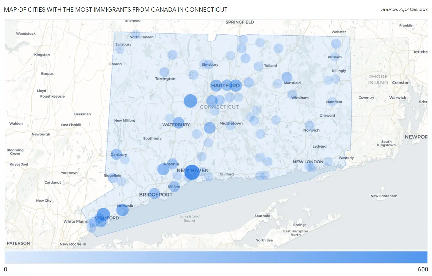 Cities with the Most Immigrants from Canada in Connecticut Map