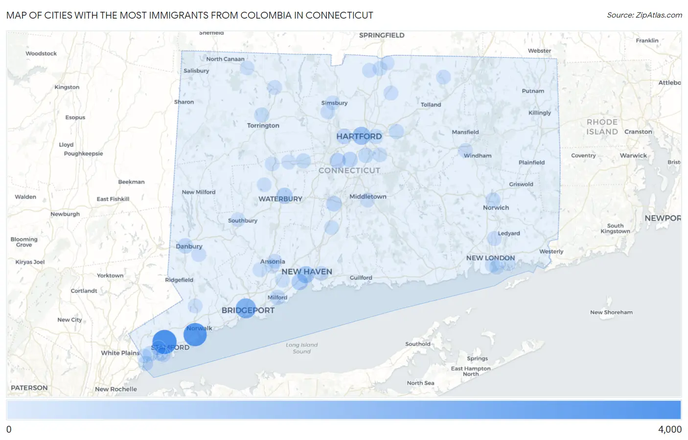 Cities with the Most Immigrants from Colombia in Connecticut Map