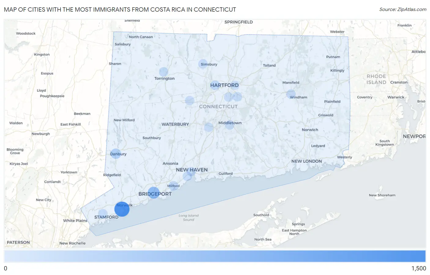Cities with the Most Immigrants from Costa Rica in Connecticut Map