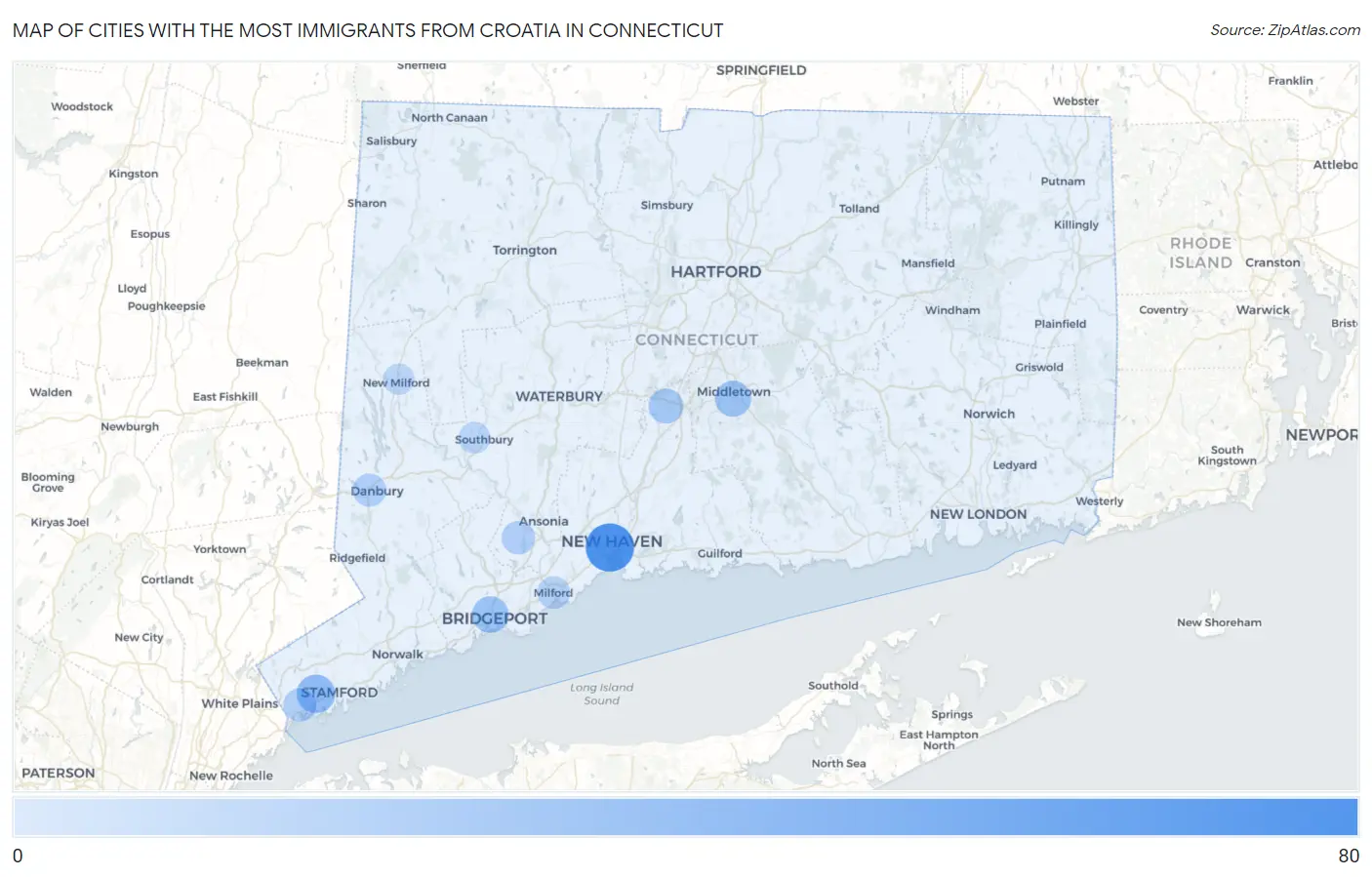 Cities with the Most Immigrants from Croatia in Connecticut Map