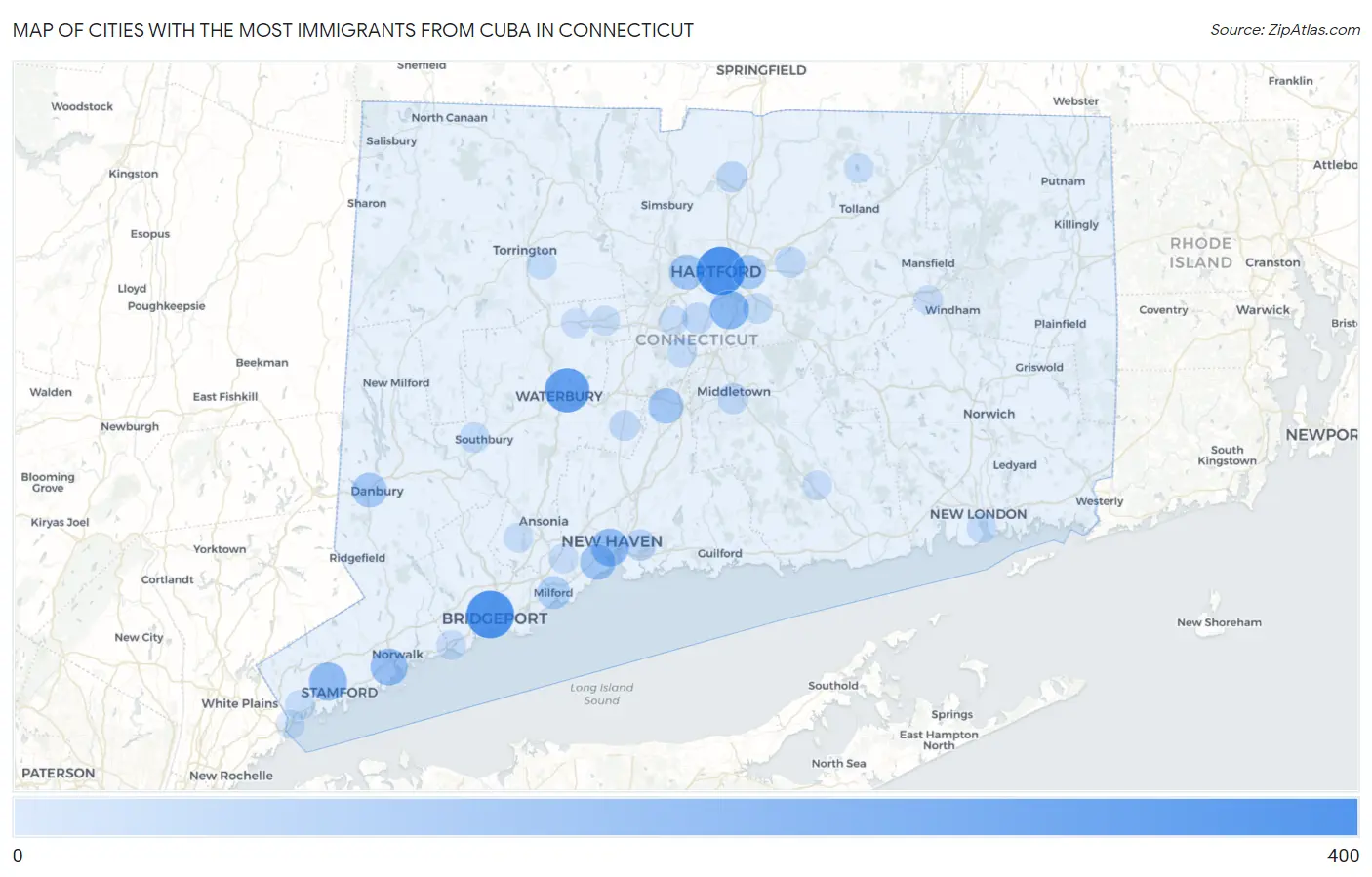 Cities with the Most Immigrants from Cuba in Connecticut Map