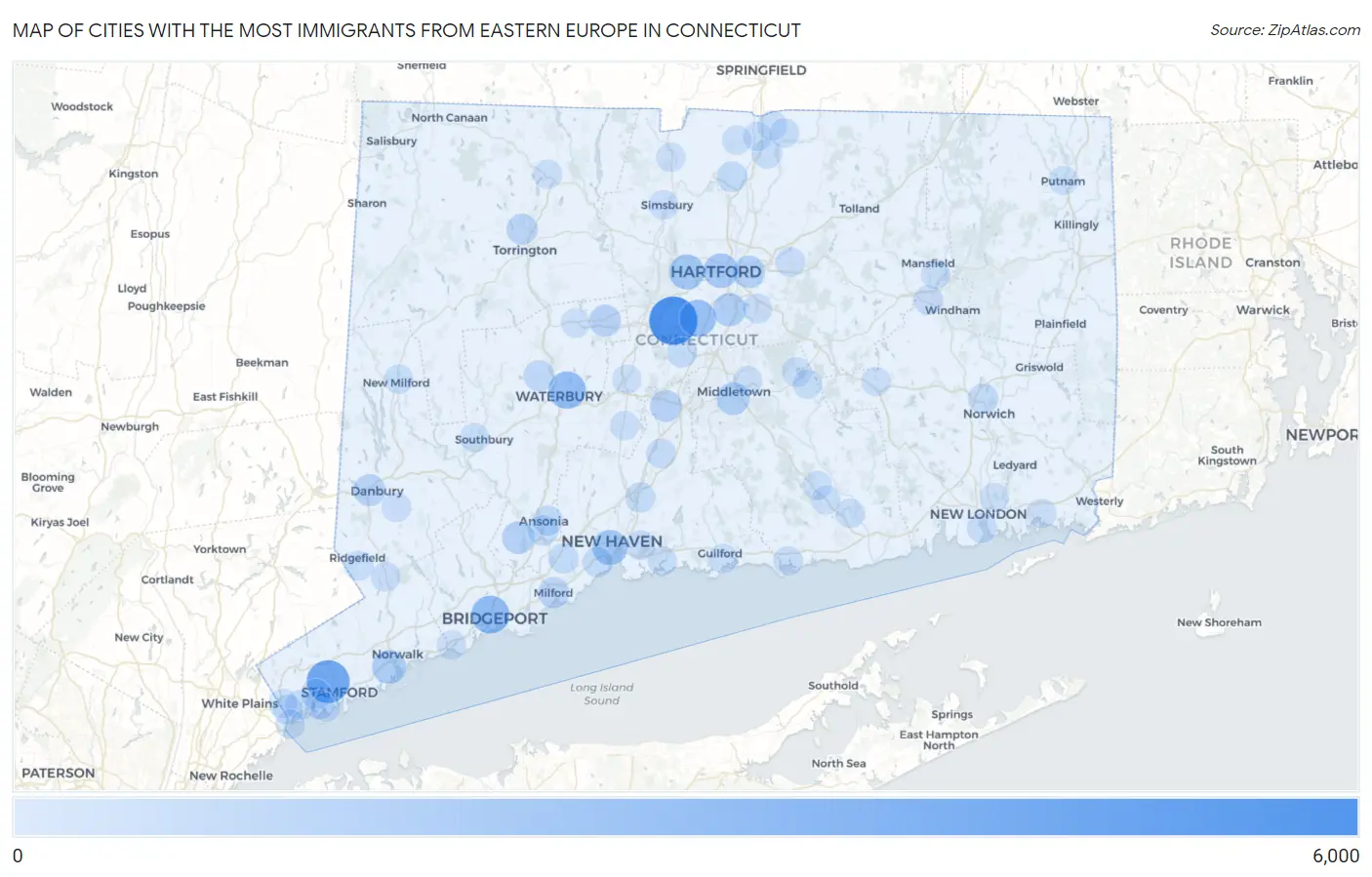 Cities with the Most Immigrants from Eastern Europe in Connecticut Map