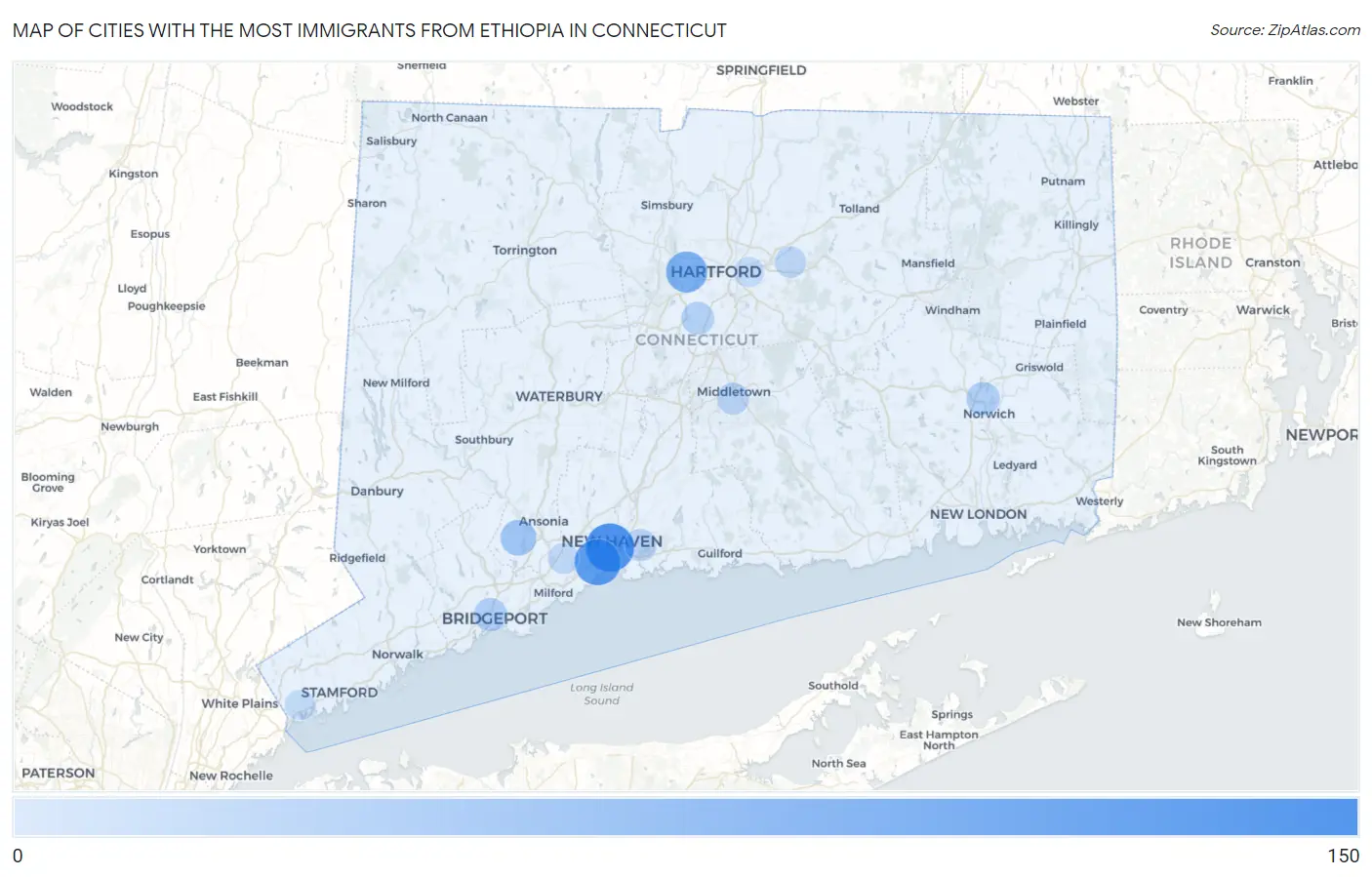Cities with the Most Immigrants from Ethiopia in Connecticut Map