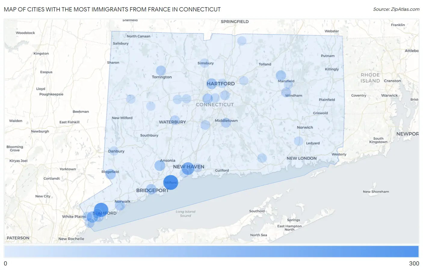 Cities with the Most Immigrants from France in Connecticut Map