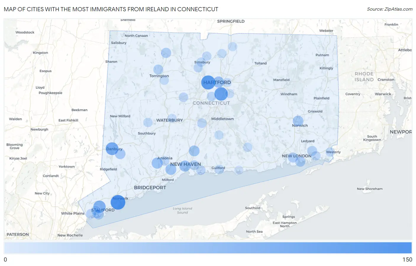 Cities with the Most Immigrants from Ireland in Connecticut Map