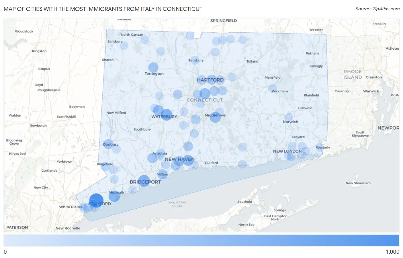 Cities with the Most Immigrants from Italy in Connecticut Map