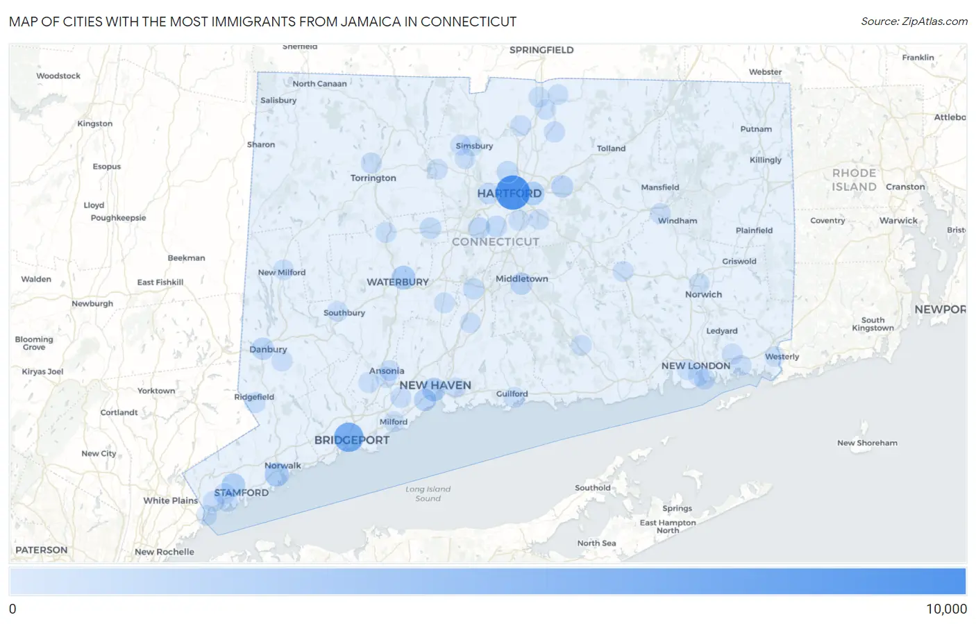 Cities with the Most Immigrants from Jamaica in Connecticut Map